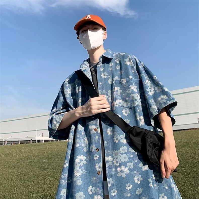短袖牛仔衬衫男宽松上衣港风韩版菊花五分袖衬衣痞帅外套S126-P50,男装T恤,星座1008-1