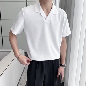 潮流轻熟风古巴领polo衫男短袖夏季西装内搭翻领薄款华夫格T恤潮图片