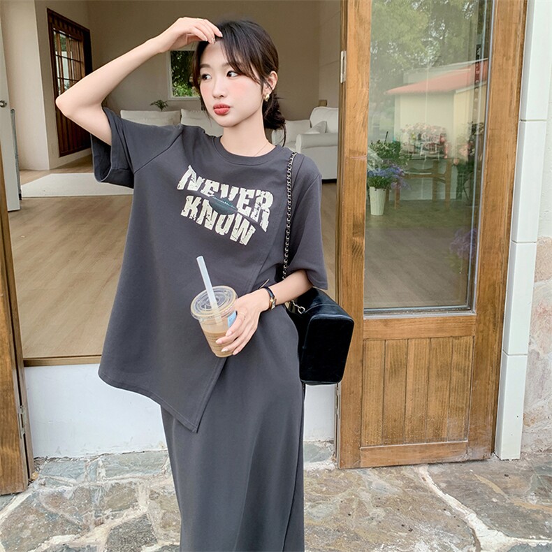 小众字母短袖卫衣套装裙女薄款t恤上衣开叉半身裙洋气时髦两件套,女装套装/套裙,2C203