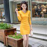 时尚修身显瘦粉色连衣裙优雅V领长袖设计，女装连衣裙，雪樱依海