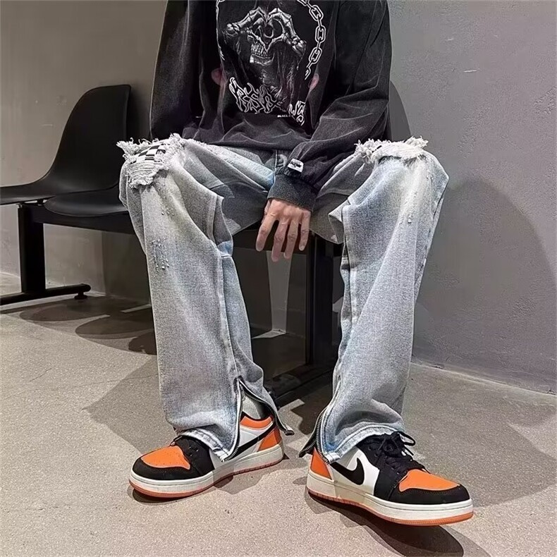 破洞棋盘格牛仔裤男夏季设计感直筒长裤潮牌痞帅炸街裤子N108/P42,男装牛仔裤,星座506