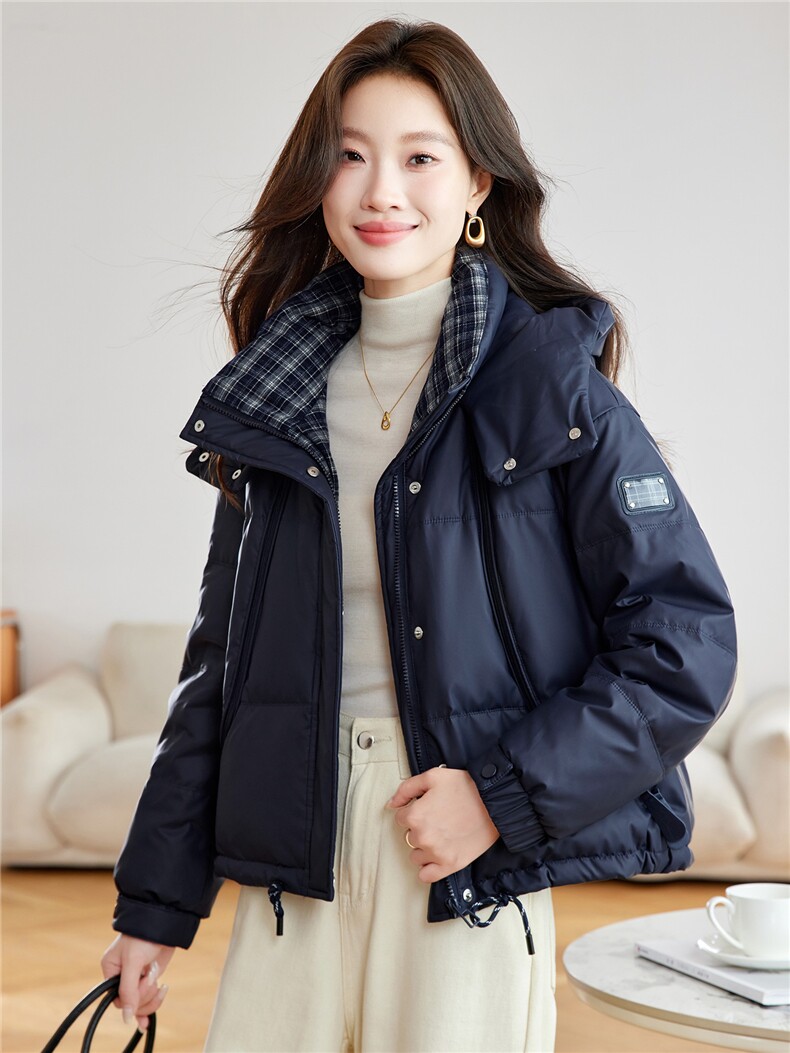 现货！免洗PU皮羽绒服女2025冬季新款小个子时尚格子拼接外套,女装羽绒服,沐七七