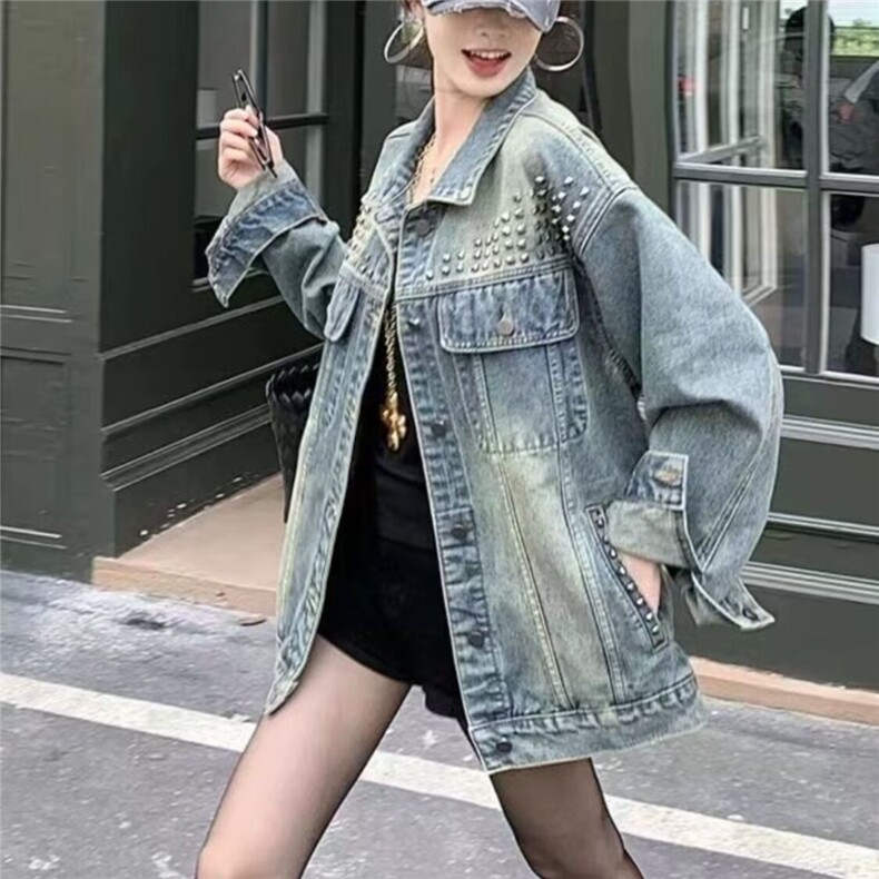 JK29-P722025美式复古水洗重工铆钉牛仔外套女宽松潮流痞帅夹克,男装工装外套,电商B323A