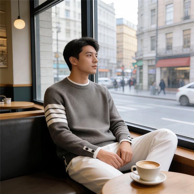 春季黑色毛衣男士假两件打底衫长袖内搭2026新款男装条纹针织衫,男装T恤,星座715-4
