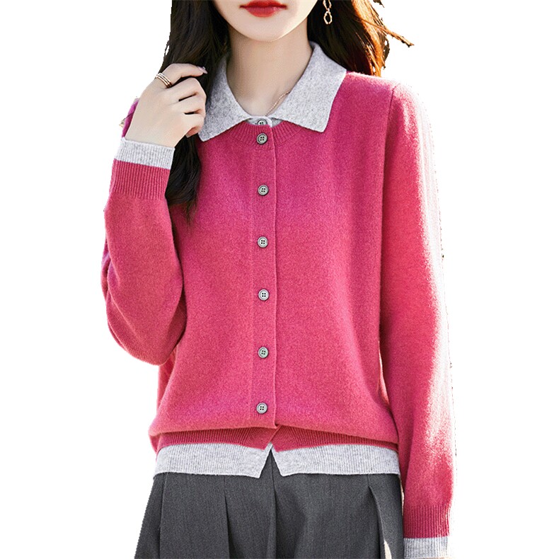 25秋冬拼色100%纯羊毛开衫女POLO领假两件外套宽松羊绒衫外搭上衣,针织衫/毛衣,暖烁羊绒