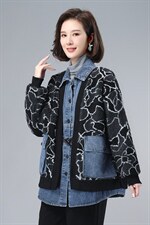 2021年冬季通勤宽松加绒长袖文艺拼接牛仔颗粒绒外套，女装卫衣/绒衫，叶笙衣