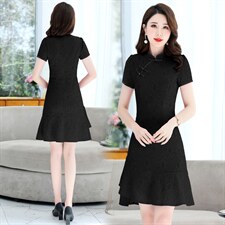 夏季红色蕾丝旗袍连衣裙女改良高端洋气妈妈送考高考年轻款裙子夏，女装连衣裙，鑫鑫美