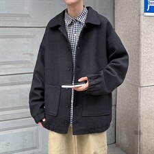 秋冬男士港风ins纯色加厚短款男呢料棉衣A071-Y05-P115，男装风衣，电商A071