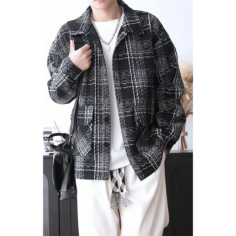 新款小香风格子翻领开衫外套男潮流大码夹克外套J5282-特P60控118,男装夹克,电商A001