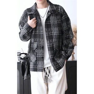 新款小香风格子翻领开衫外套男潮流大码夹克外套J5282-特P60控118图片