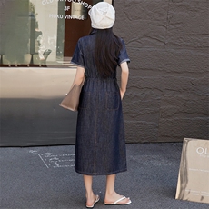 欧洲站2025夏装新款明线设计衬衫牛仔裙女长款薄款天丝牛仔连衣裙，女装连衣裙，跑量工厂店