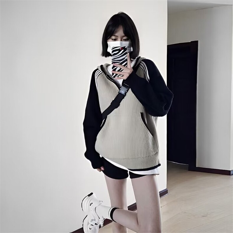 778-P55拼色连帽拼接毛衣插肩外搭针织衫女多巴胺秋季穿搭长袖,男装针织衫/毛衣,电商B323A