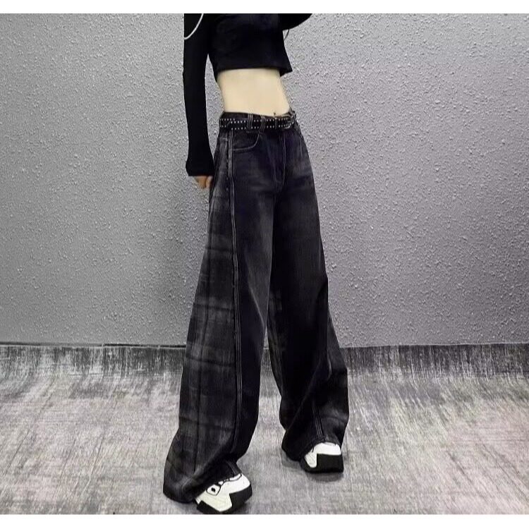 KU41-P60美式复古格纹撞色拼接牛仔裤女春季新款宽松垂感阔腿,男装牛仔裤,电商B323A