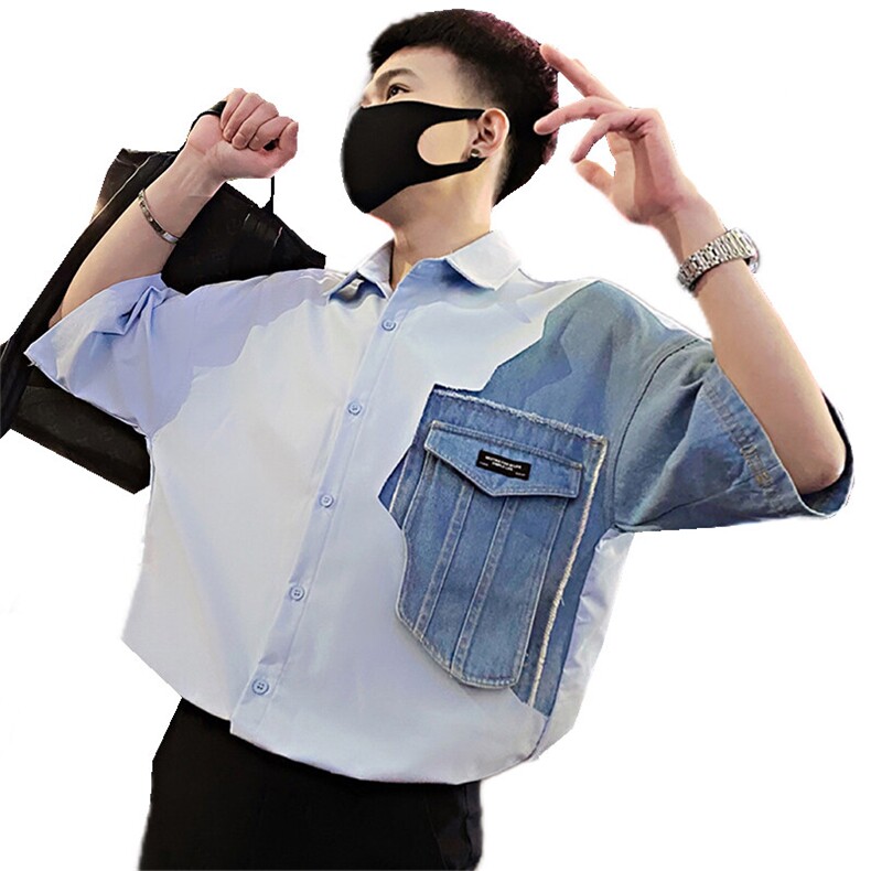 S19/P48控68夏季社会小伙设计感拼接镂空牛仔短袖衬衫男浅蓝首3,男装衬衫,星座305B