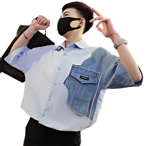 S19/P48控68 夏季社会小伙设计感拼接镂空牛仔短袖衬衫男浅蓝首3图片