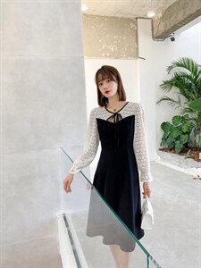 韩版甜美淑女时尚气质高雅淑女收腰拼色连衣裙图片