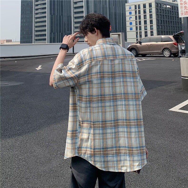 美式复古格子短袖衬衫男夏季新款宽松休闲oversize衬衣S1111-p28,男装衬衫,星座1008