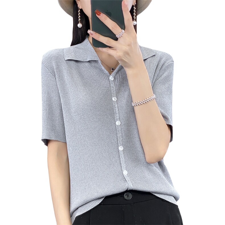 夏季新款薄款T恤女修身POLO领纯色短袖开衫百搭显瘦针织半袖上衣,针织衫/毛衣,萱芳婷羊绒