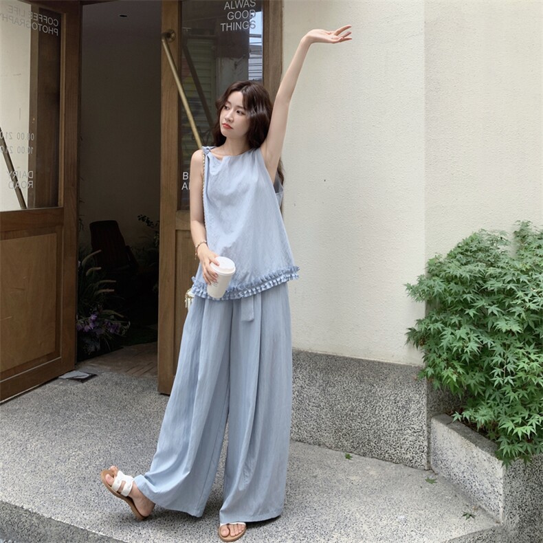 浅蓝色木耳边背心上衣套装女2025夏季新款巨好看花苞半身裙两件套,女装套装/套裙,2C093