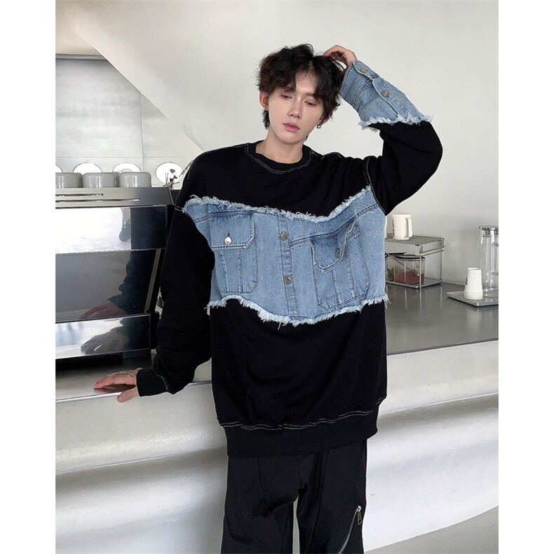 牛仔拼接圆领卫衣男早秋穿搭高级感设计感小众高街潮牌假两件外套,男装工装外套,电商B288