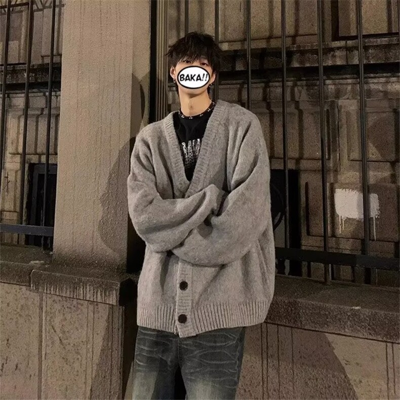 灰色慵懒风V领开衫毛衣男cleanfit美式高级感痞帅针织衫外套秋冬图片