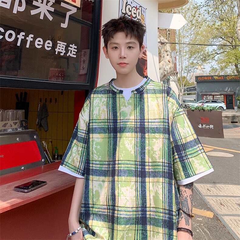 2026夏装美式扎染印花冰丝冰凉格子男五分袖T恤T5508/特P18绿色,男装T恤,电商A094