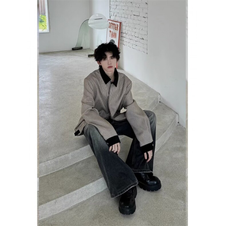 网络图现货秋装新款短款外套夹克衫格子拼接松弛感男RN1188-P78,男装夹克,星座1005-6