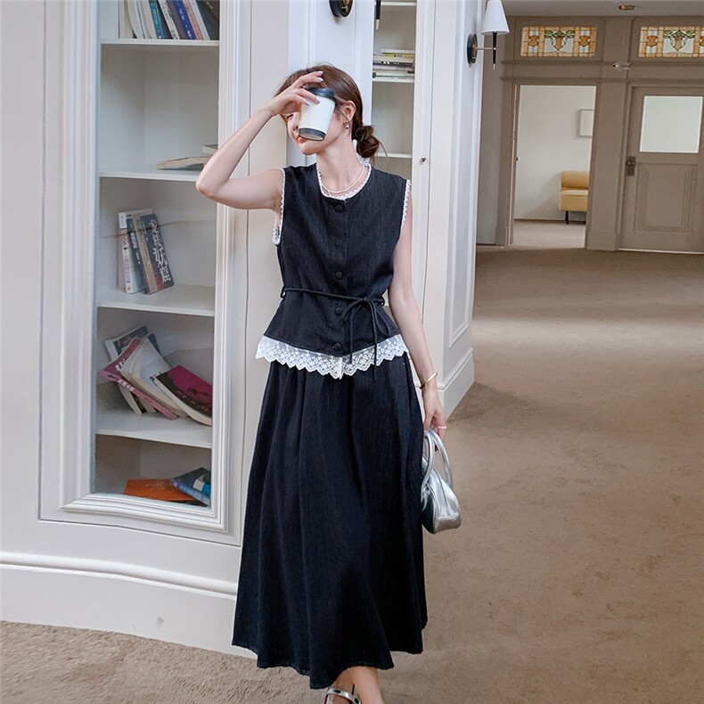 藏青色蕾丝拼接牛仔马甲套装裙女2025夏季新款一整套半身裙两件套,女装套装/套裙,秋水欣儿