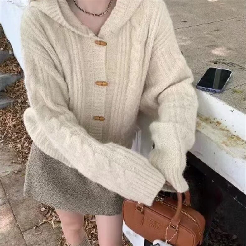女士秋冬简约连帽麻花绞花仿羊毛材质开衫,针织衫/毛衣,萱芳婷羊绒