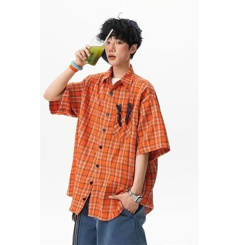 夏日多巴胺橙色格纹短袖衬衫女潮牌复古街头宽松百搭衬衣,男装T恤,星座302B