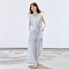 夏季新款现货！2026休闲风阔版拼接小垫肩上衣+松紧腰阔腿裤套装，女装套装/套裙，宝儿家