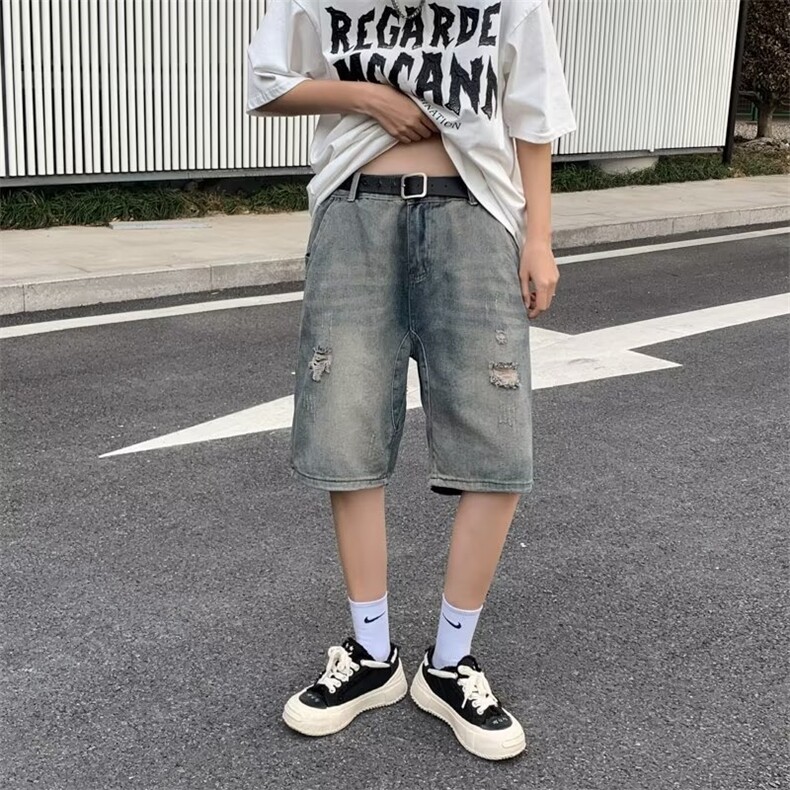 破洞牛仔短裤男夏季2023新款美式复古水洗裤子宽松潮牌直筒五分裤,男装牛仔裤,星座601-2