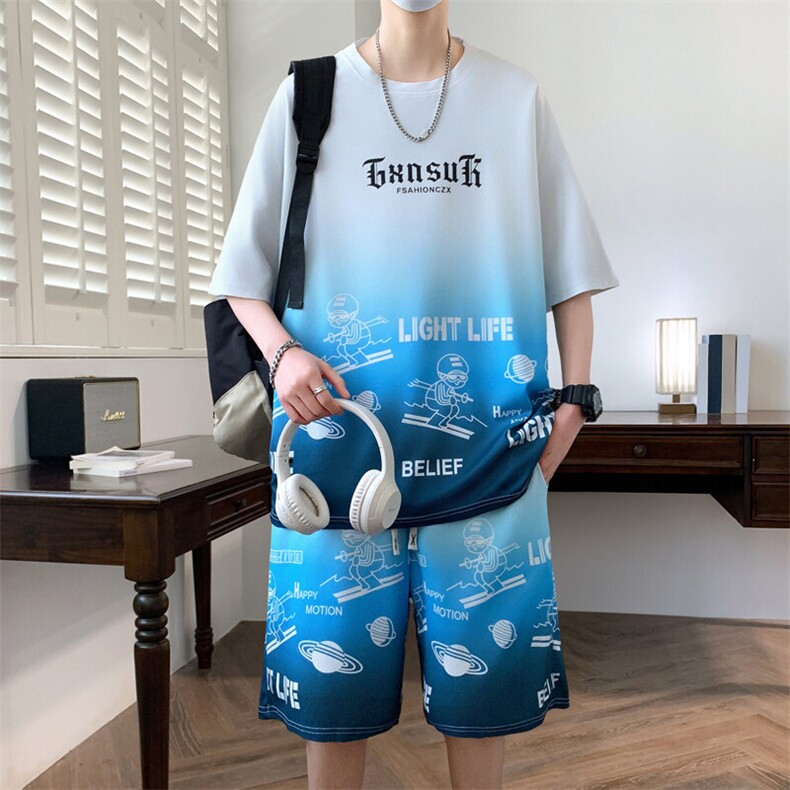 港风套装男休闲宽松冰丝青年圆领短袖T恤短裤两件套-JZ6212-P38,男装牛仔裤,星座310B-3