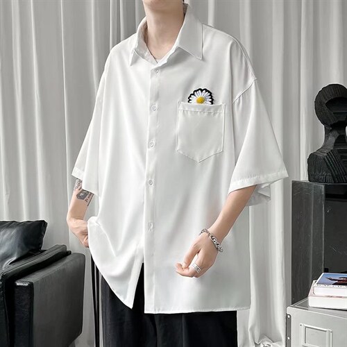 短袖衬衫男宽松上衣服港风韩版潮流五分袖衬衣外套痞帅CS128-p28，男装T恤，星座1008-2
