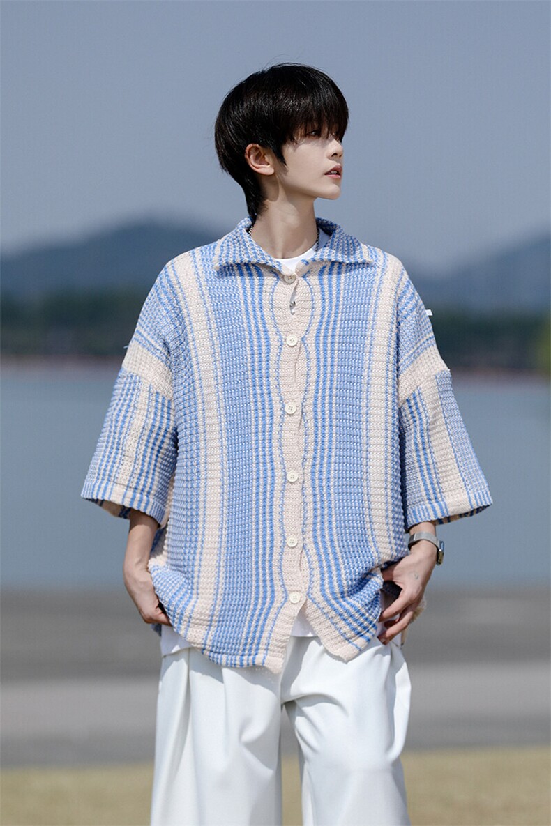8XL-M特大码美式撞色新中式短袖衬衫男翻领休闲针织开衫DX312P35,男装T恤,电商D206-1