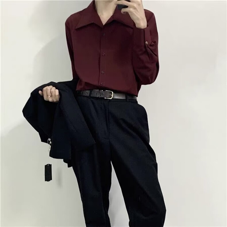 2025春秋新款高级感缎面黑色长袖衬衫女垂感职业气质宽松上衣衬衣,男装衬衫,星座506A