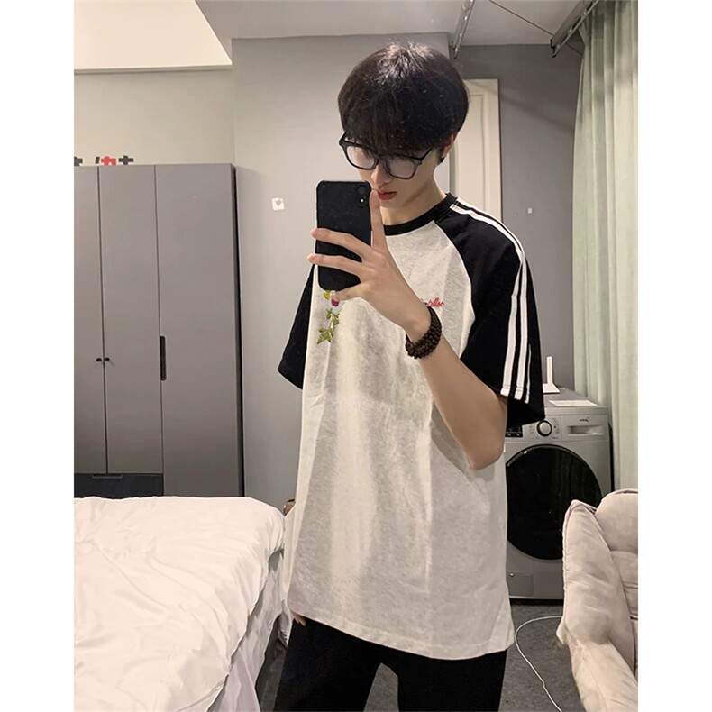 抖音得物品质二开240克宽松纯棉美式潮牌插肩三杠织带短袖T恤图片