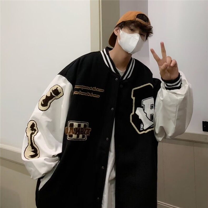 美式复古刺绣拼接新款春秋宽松bf慵懒风男女情侣棒球服W6003-P55，女装职业装，星座412-3