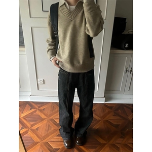 重磅北极绒假两件衬衫领毛衣美式高街复古休闲慵懒纯色翻领针织衫图片