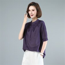 2022夏季新款刺绣棉麻宽松短袖上衣，女装大码女装，木子恋