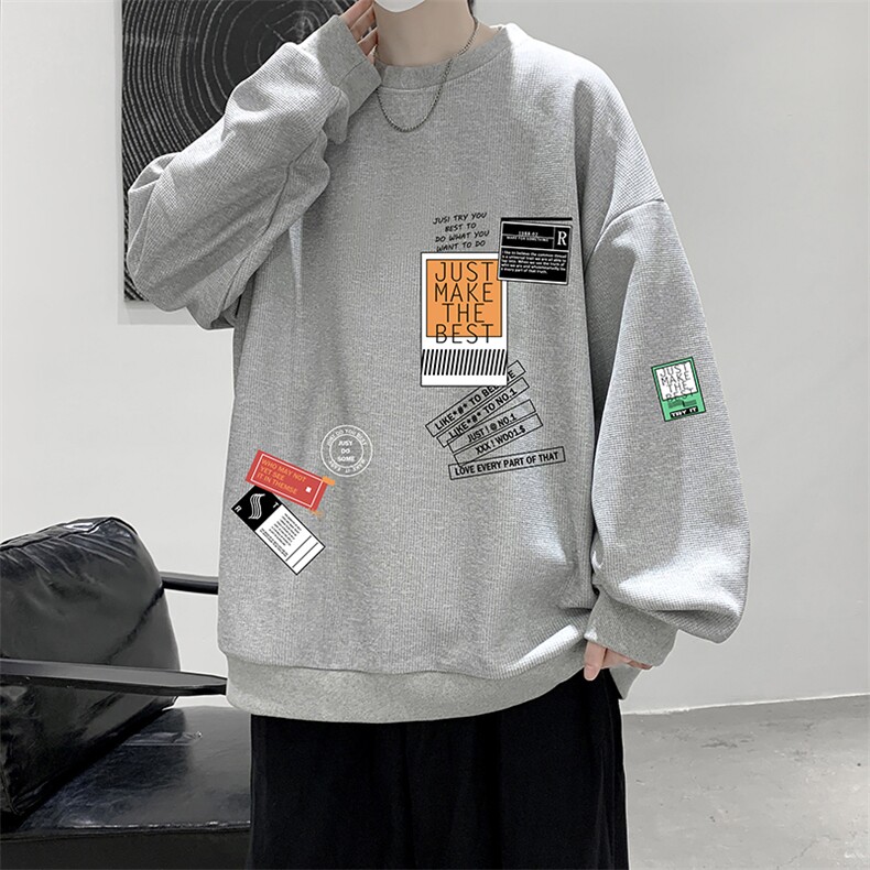 华夫格卫衣圆领卫衣男大码长袖t恤男外套HW76121-P30加绒款-P40,男装卫衣,电商A040