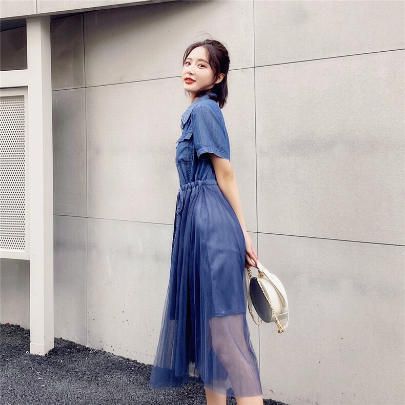 个性拼色中长款短袖连衣裙2023年夏季时尚潮流舒适简约,女装连衣裙,微微衣阁