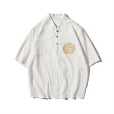 2021夏季风棉麻短袖T恤男复古刺绣盘扣上衣QT6005-T，男装T恤，星座1112-5（原712-5）