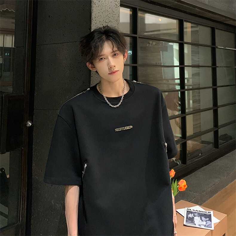 405A美式高街新款大金属扣拉链设计短袖T恤T2439-P45控68,男装T恤,星座405A