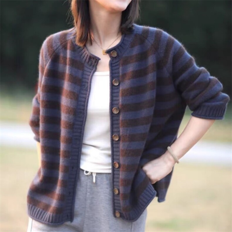 羊毛外套文艺复古休闲条纹针织开衫女圆领宽松毛衣外搭,女装羊毛衫,锦瑟羊绒