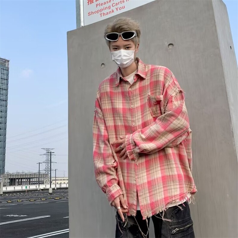 2025新款毛边格子衬衫ins新款时尚潮流文艺长袖衬衫CS142P38,男装衬衫,星座1108
