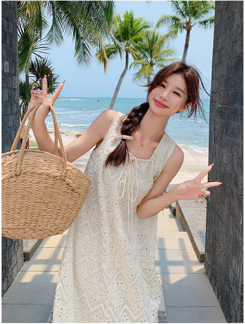 小个子巨好看度假风长裙白色无袖刺绣镂空吊带连衣裙女夏,女装连衣裙,浙宝B116
