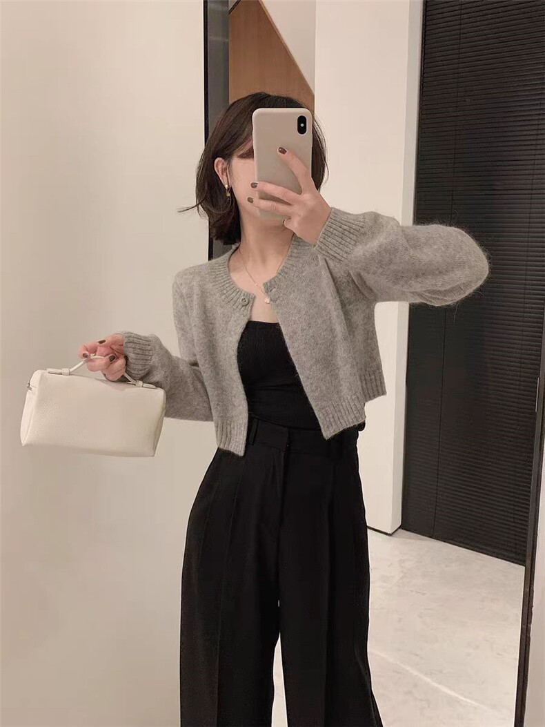 高级设计款！时尚针织开衫女毛衣秋冬宽松短款上衣羊毛小外套,针织衫/毛衣,恒恩羊绒