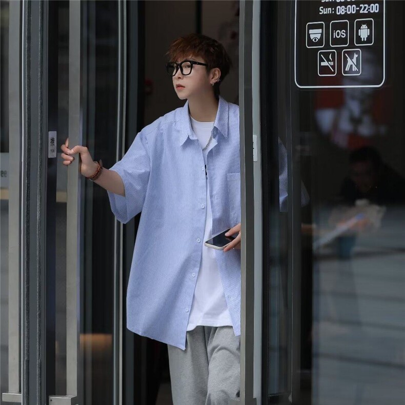 夏衬衫男条纹韩版潮文艺2026新款ins宽松百搭短袖衬衣CY138-P30，男装衬衫，星座412-2