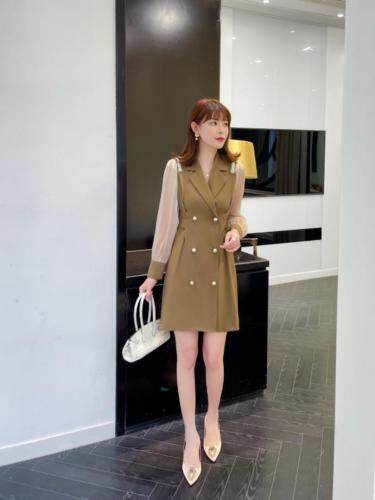 【秋季新款】淑女拼色连衣裙珍珠扣，女装连衣裙，笑思源